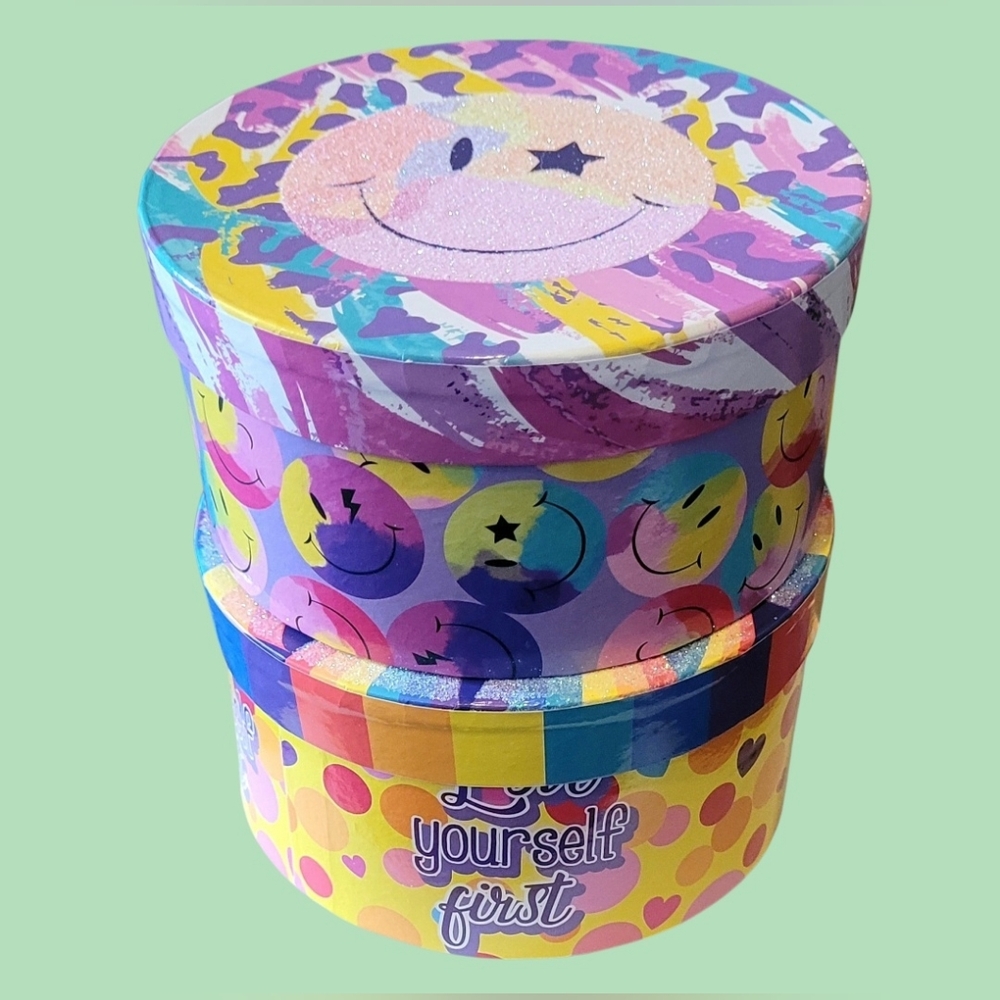 "NEW" SUPER CUTE DECORATIVE ROUND GIFT BOXES GLITTER LIDS 5.5" X 16.5" X 3" - Picture 10 of 10